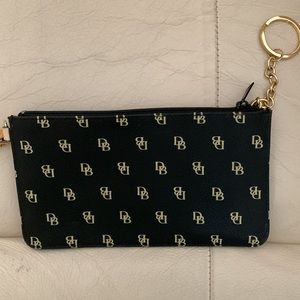Dooney & Bourke Monogram Wristlet with brown leather strap keychain.